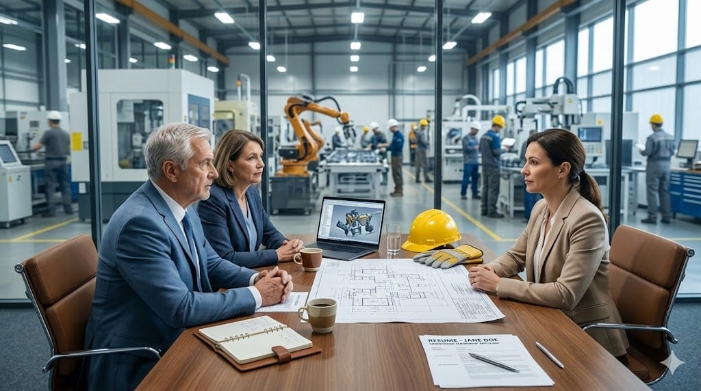 Executive hiring concept for manufacturing showing engineering leader interview, factory blueprint, and industrial production floor in background