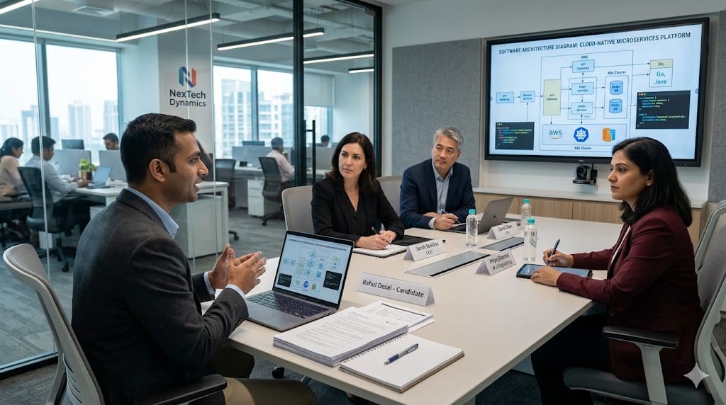 senior executives interviewing engineering leader in modern technology company meeting room