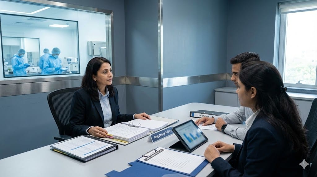 Senior medical device executive candidate discussing regulatory documentation with leadership team in a modern compliance-focused office setting.