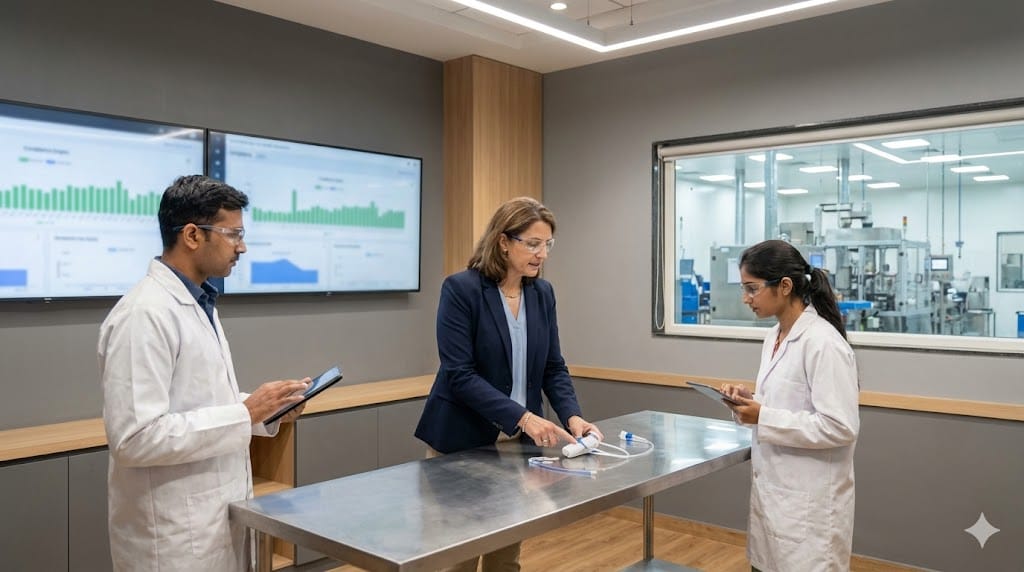 Chief Quality Officer reviewing medical device prototypes and compliance dashboards with a team in a modern medical device manufacturing facility.