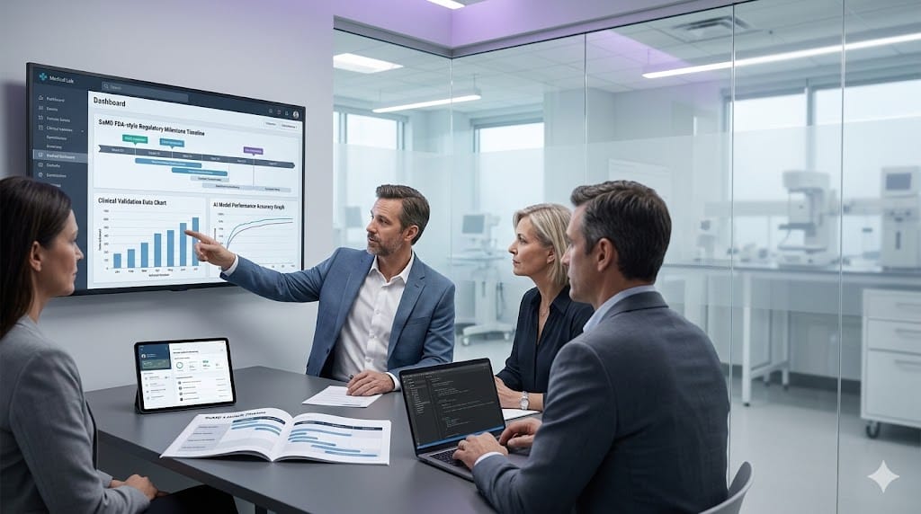 Executive leadership interview session in a digital health company reviewing software as medical device analytics and clinical performance dashboards in a modern innovation workspace.