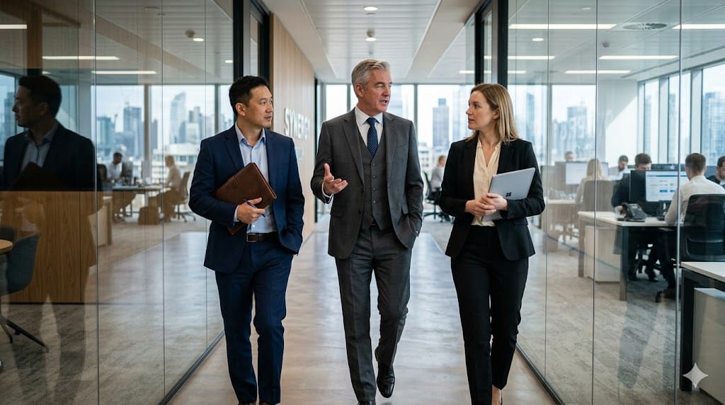 Senior director guiding engineering managers in a corporate office leadership discussion