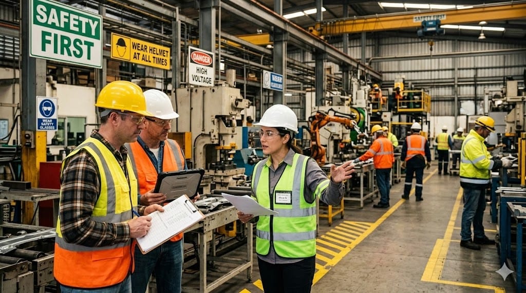 EHS leader reviewing safety procedures in a modern manufacturing plant with workers wearing helmets and safety gear