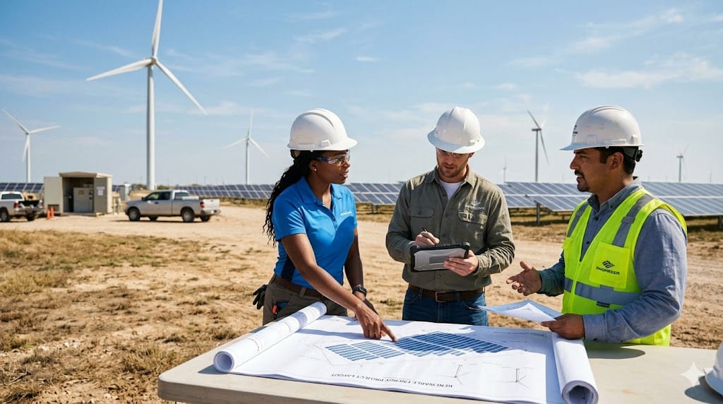 engineers discussing renewable energy project near wind turbines and solar panels at clean energy site