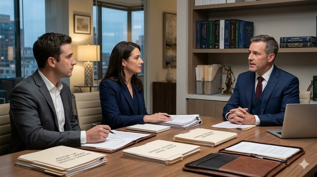 Corporate executives interviewing legal professional with contracts and law books in office while hiring general counsel