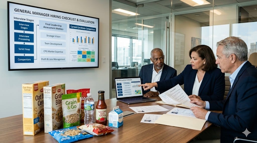 Senior executives reviewing hiring checklist while selecting general manager for consumer packaged goods division