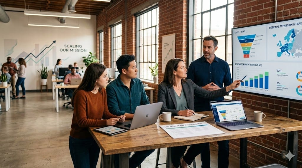 Newly hired Chief Commercial Officer being onboarded with executive team in a modern growth-stage company office reviewing go-to-market strategy and sales dashboards.