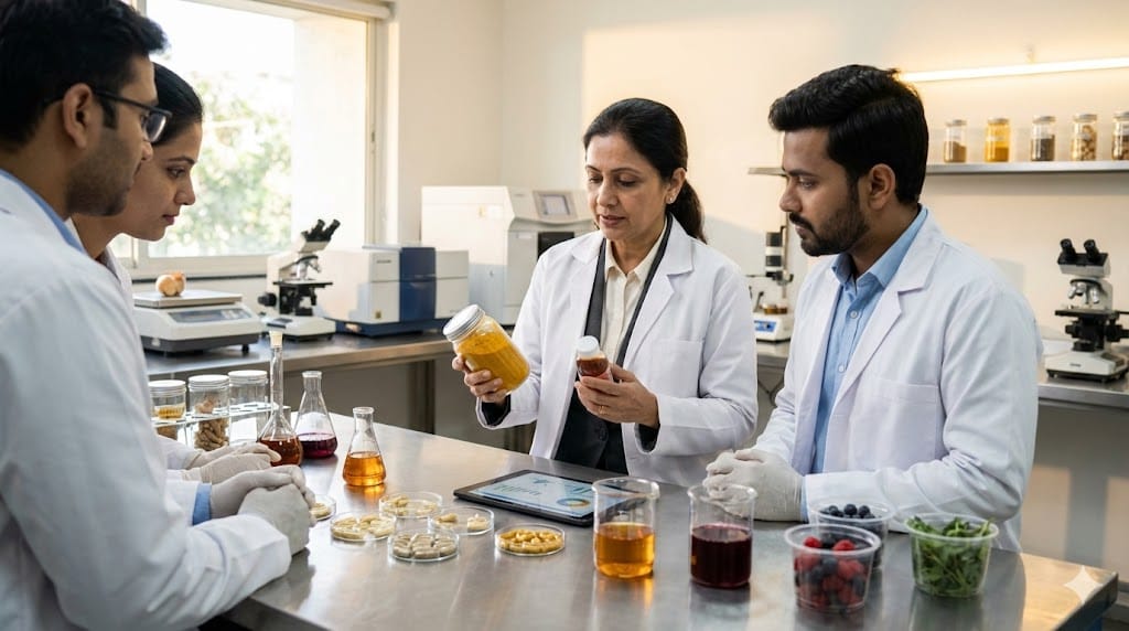 Senior R&D leader reviewing functional food and nutraceutical product samples in a modern laboratory, symbolizing innovation-focused hiring in food science.