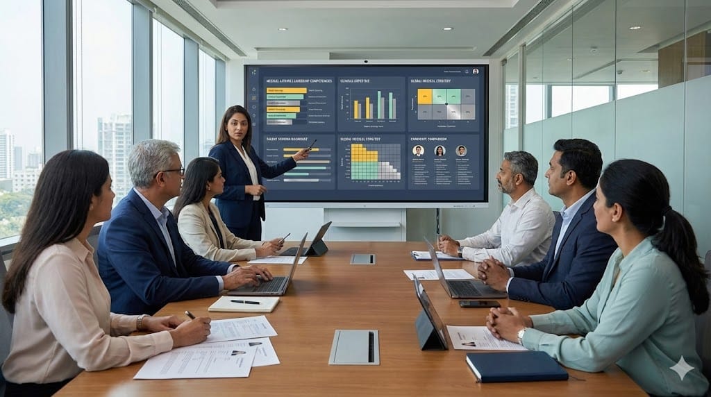 Pharmaceutical executives and recruiters evaluating candidates for a Vice President of Medical Affairs role during a strategic hiring meeting.