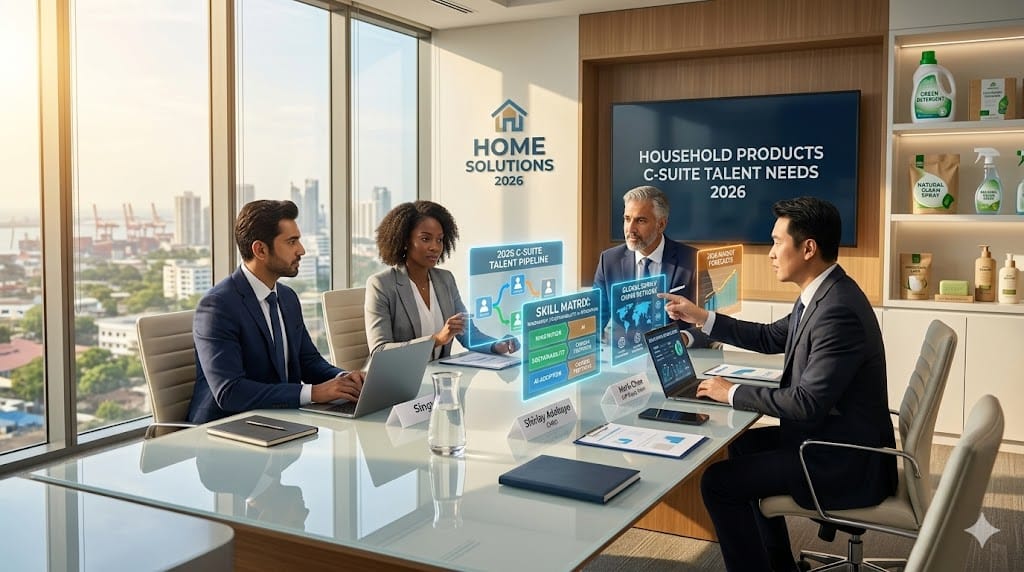Diverse group of executive leaders in a modern boardroom discussing talent strategies amid shelves of household cleaners, detergents, and everyday products, with 2026 trend charts on digital screens highlighting innovation and sustainability.