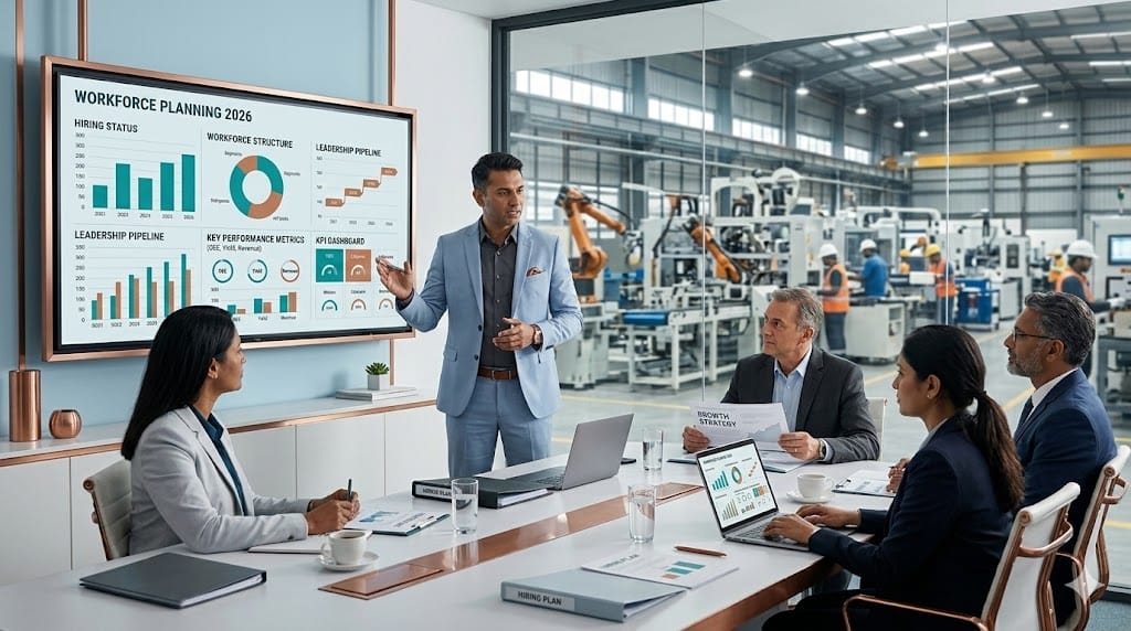 HR leader presenting workforce strategy to manufacturing executives during corporate meeting