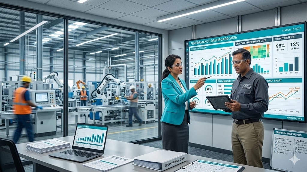 HR and operations leaders reviewing workforce metrics linked to manufacturing performance dashboard