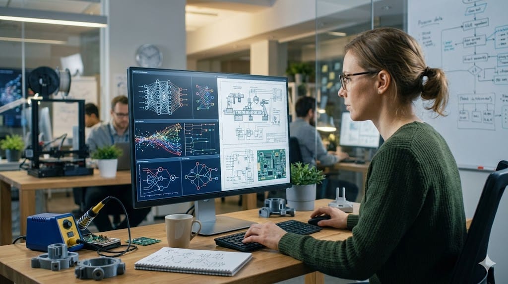 engineer working alongside AI assistant interface showing collaboration between human and artificial intelligence