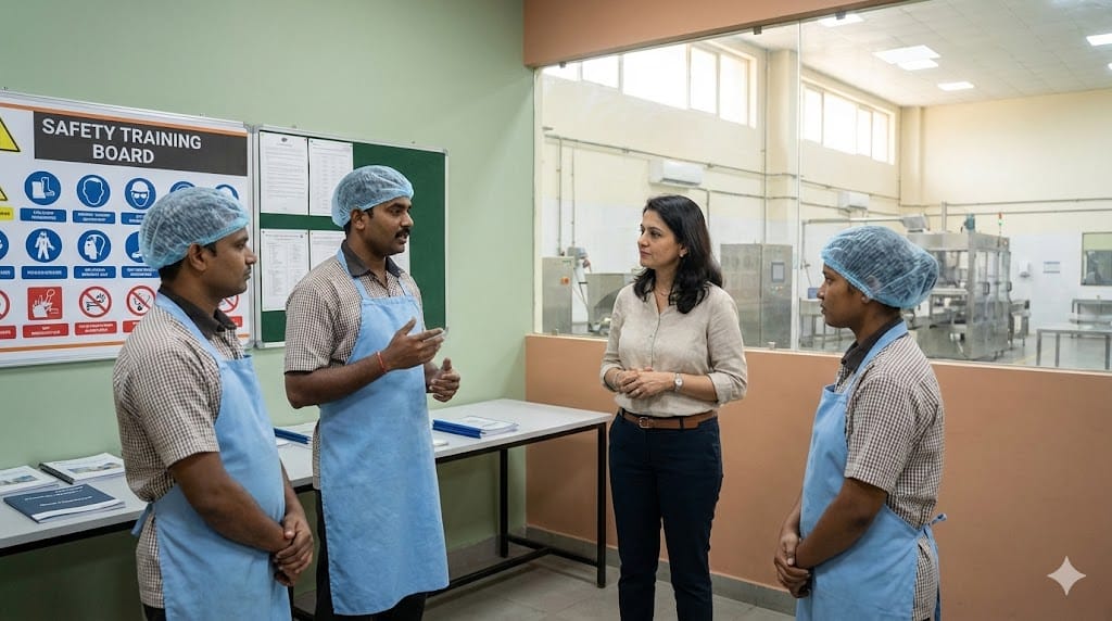 Senior leader engaging with frontline food production employees during a safety and well-being discussion inside a bright, modern facility.