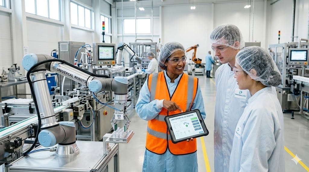 A realistic, eye-level shot inside a modern automated pharmaceutical plant where a diverse team of human operators and a female leader in a high-vis vest are gathered around a collaborative robot (cobot) arm. The leader is gesturing towards the robot's control panel while explaining a process to a younger operator, emphasizing collaboration over replacement. The lighting is bright and even, highlighting the clean, metallic textures of the machinery and the focused, engaged expressions on the faces of the humans. The color palette should be a sophisticated mix of cool machine greys, clean whites, and a pop of safety orange/yellow from the vest, avoiding overly saturated or neon tones to maintain a professional, grounded look.