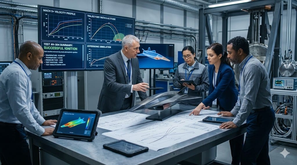 Defense program leaders reviewing hypersonic aircraft model and technical plans in advanced research facility