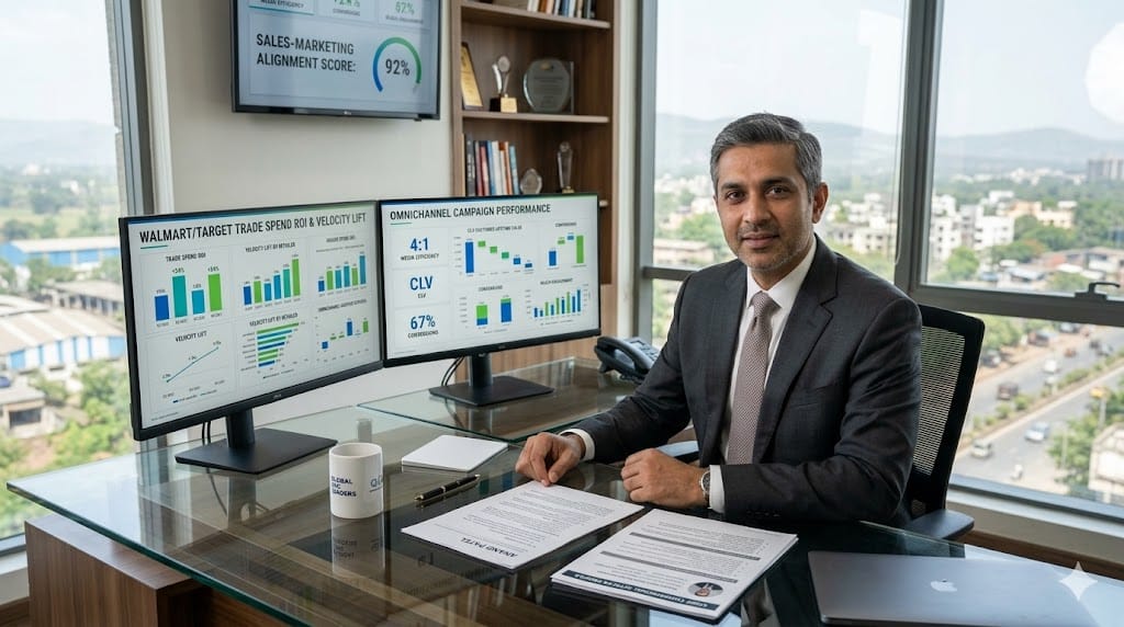 Confident CPG executive showcasing cross-functional mastery in modern office, with sales dashboards showing retailer velocity metrics alongside marketing campaign performance charts and integrated P&L summaries on dual monitors.