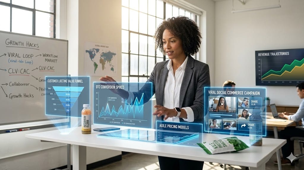 Confident emerging CPG revenue leader strategizing growth in vibrant startup office, surrounded by data dashboards, innovative product mockups, and market expansion charts symbolizing DTC mastery and agile scaling.