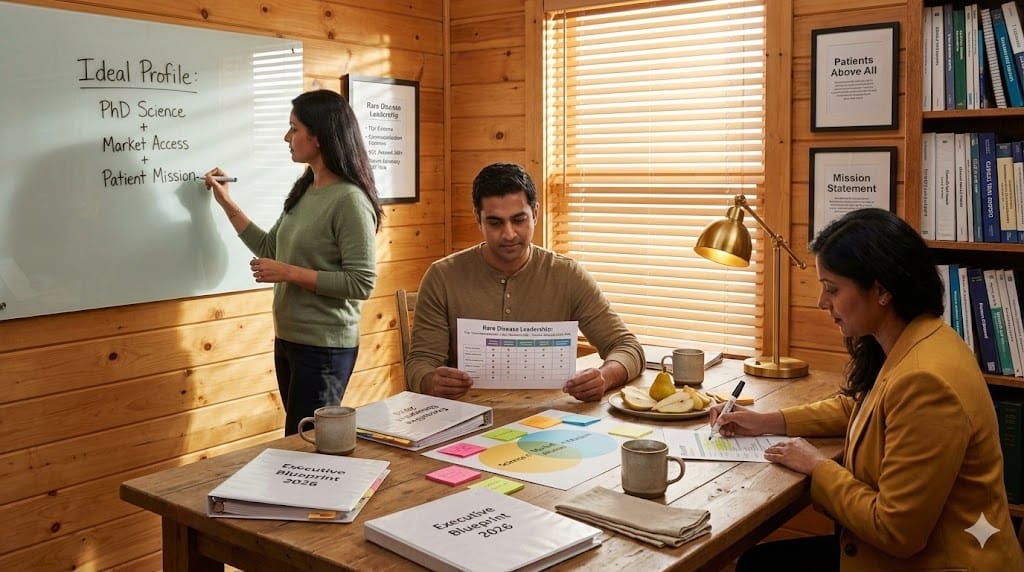 Executive search team defining ideal leadership profile for specialty pharma in naturally lit strategy room—whiteboard outlines science expertise, market access mastery, and mission alignment criteria amid resumes and coffee service.