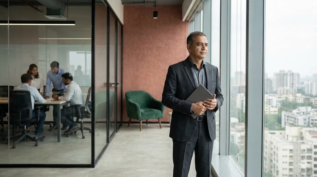 Senior executive standing confidently in a modern office overlooking both operations and city skyline, symbolizing the combined roles of operator, strategist, and deal ally.