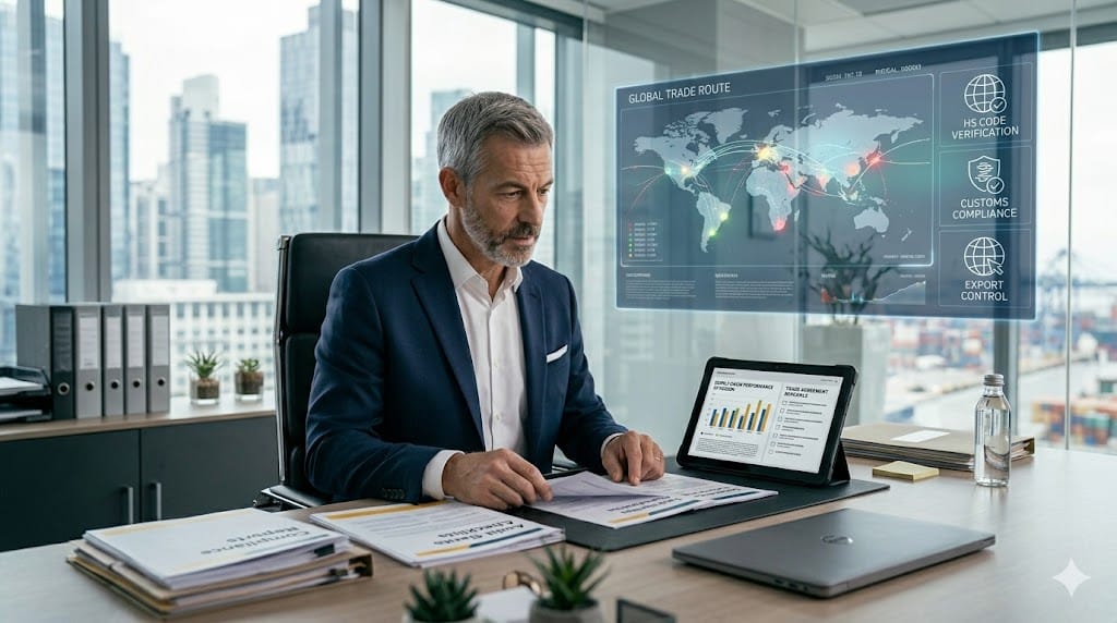 Senior supply chain executive reviewing compliance documents and regulatory reports in corporate office showing leadership with strong governance and risk knowledge
