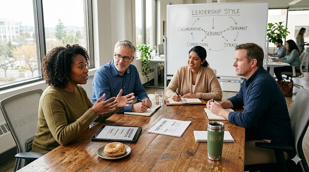 A realistic, eye-level shot of a diverse group of senior leaders in a bright, modern office space, engaged in a candid, collaborative discussion around a large wooden table. The scene captures a moment of genuine interaction and shared understanding, with one leader gesturing as if explaining a concept while others listen intently. The lighting is soft and natural, creating a warm, inviting atmosphere. The palette should be warm and inviting, using earthy tones like sage green, warm beige, and soft terracotta, avoiding sterile blues and grays. 