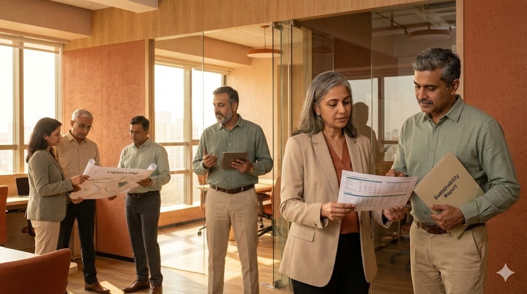 A diverse group of senior food and beverage executives standing in a modern collaborative workspace with subtle role-based visual cues representing finance, operations, sales, and supply chain leadership.