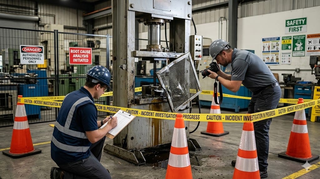 Safety investigators examining damaged equipment while documenting incident for root cause analysis
