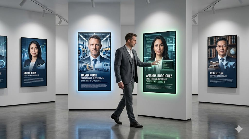 A private equity professional evaluating diverse executive profiles displayed as illuminated panels in a modern gallery-like space, symbolizing the selection of independent board directors