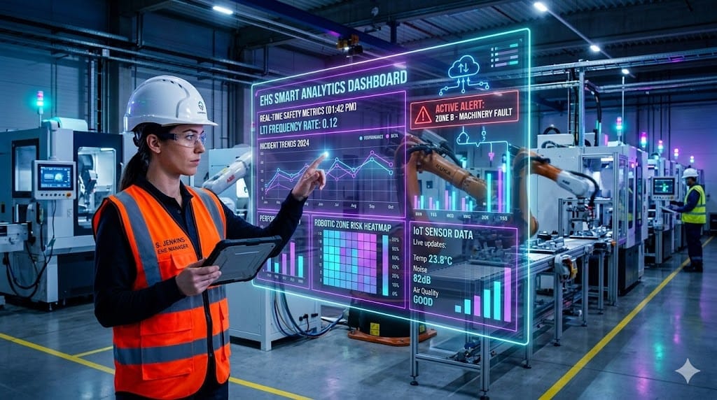 EHS manager using digital dashboard and Industry 4.0 technology to monitor safety data in smart manufacturing factory