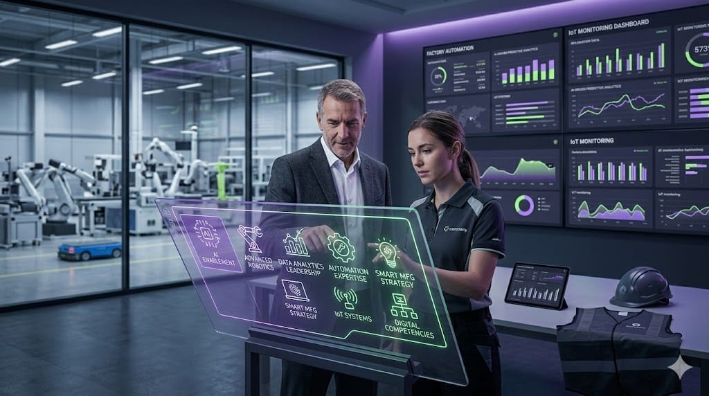 Industry 4.0 leadership competencies concept with smart factory interface, digital skills icons, and executive analyzing automation data on transparent screen