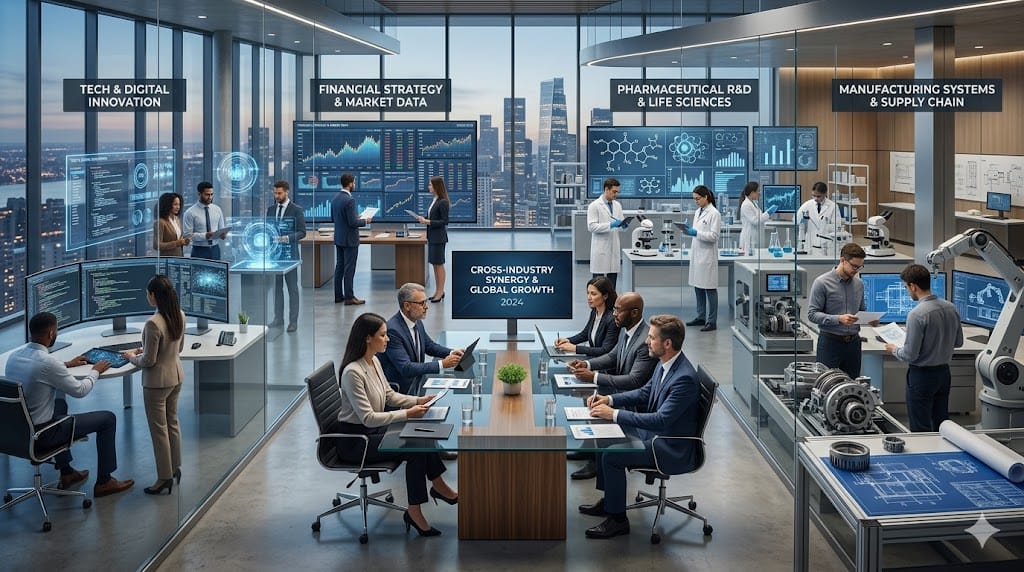 Professionals representing technology, financial services, pharma, and manufacturing industries analyzing sector-specific trends in a unified corporate setting.