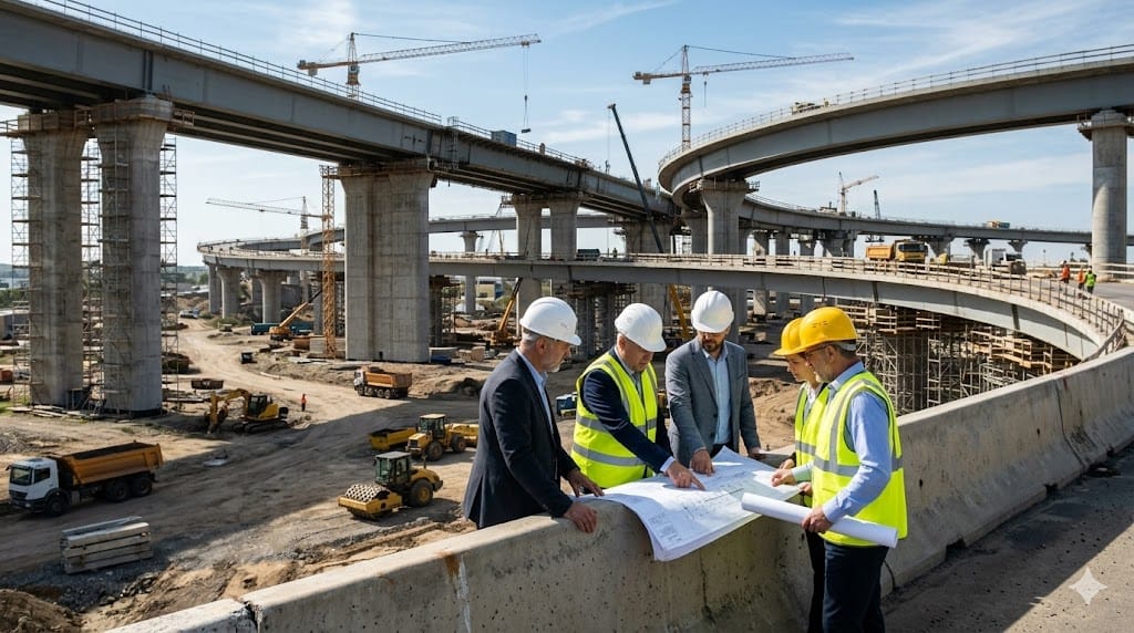 Engineers reviewing plans at massive bridge and highway construction site during infrastructure boom