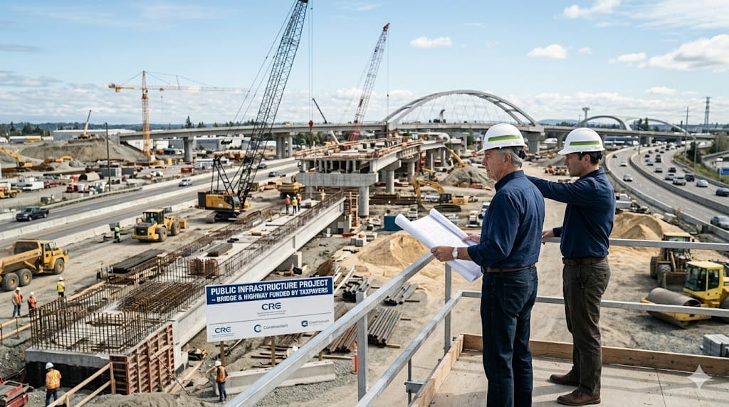Construction executives reviewing highway project plans overlooking large infrastructure site