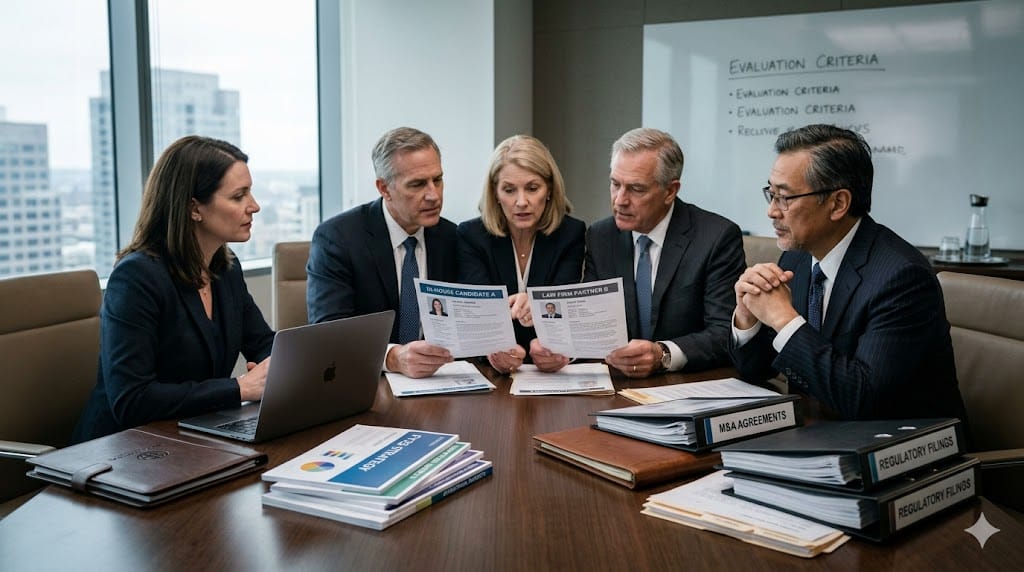 Business leaders comparing in-house counsel and law firm partner profiles during legal hiring decision in corporate office