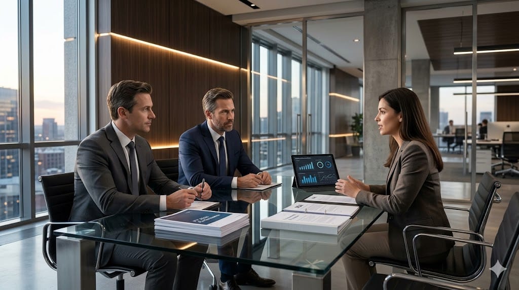 Private equity executives interviewing a legal professional in a modern office, representing hiring in-house counsel for portfolio companies.