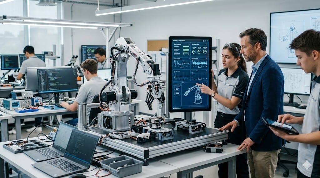 Engineers testing new technology prototype while reviewing digital interface in innovation lab