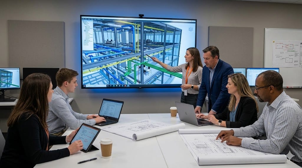 Project leaders collaborating around digital building model in coordination room