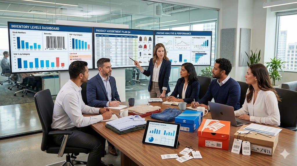 retail planning team analyzing inventory pricing and product assortment data on multiple screens in modern workspace