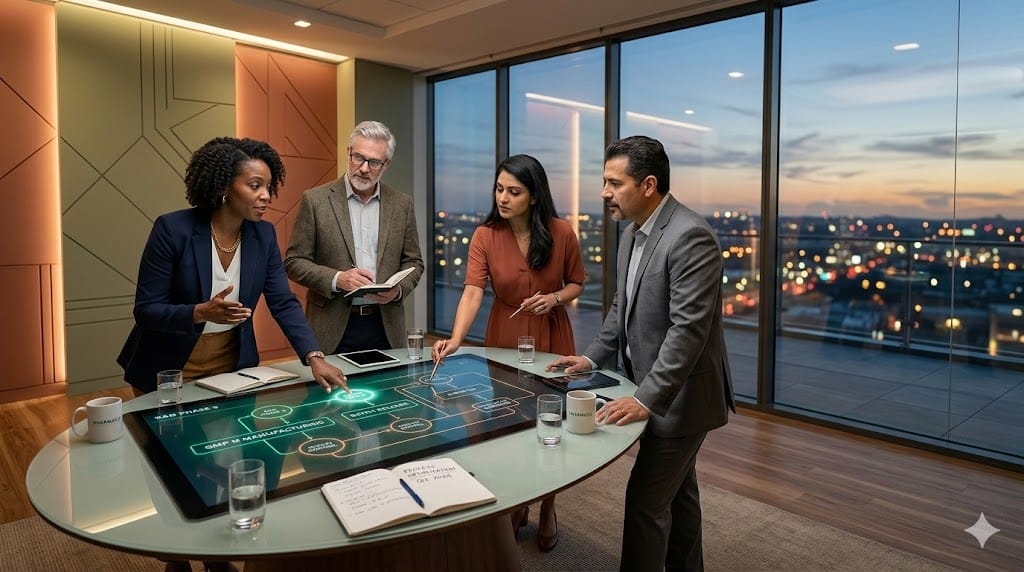 Realistic depiction of diverse pharmaceutical professionals from various departments connecting over a conference table, symbolizing synergistic collaboration.