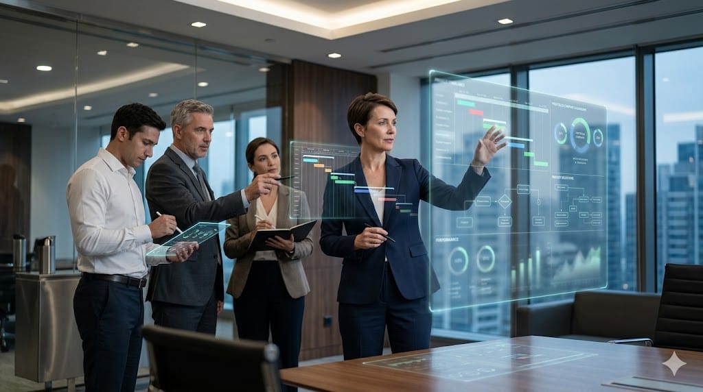 Private equity team planning deployment of interim executives using interactive strategy tools in a modern corporate environment
