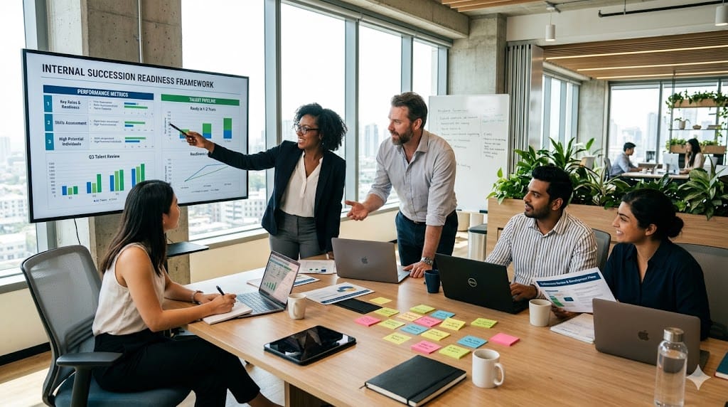 Corporate team evaluating internal succession readiness using charts and performance frameworks in a modern office