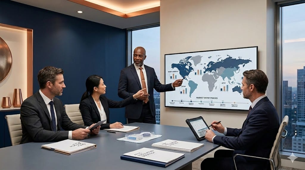 Medical device executives reviewing global market expansion strategy with international performance dashboards and regional maps in a modern corporate setting.