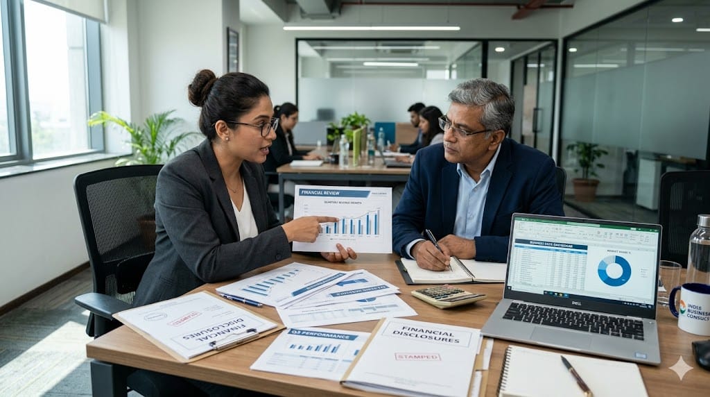 interviewer and candidate discussing financial charts during executive hiring interview