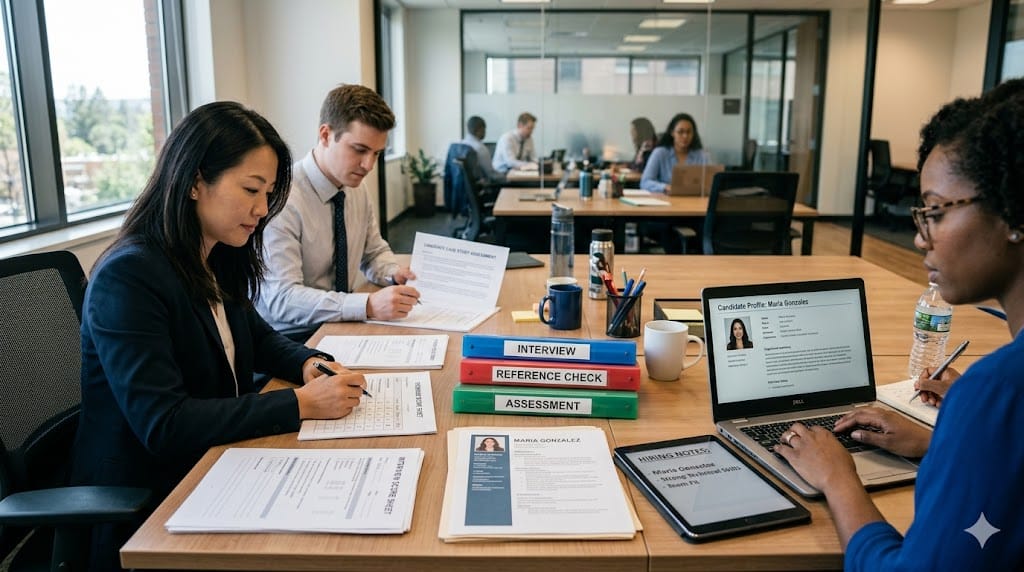HR team reviewing candidate evaluation forms case study documents and laptop during hiring process