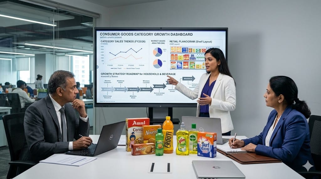 Executives conducting interview with candidate while reviewing category growth charts, retail data, and business strategy dashboard