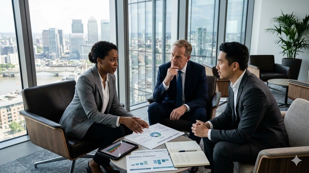 Senior leaders interviewing executive candidate while reviewing strategic plans in modern office lounge
