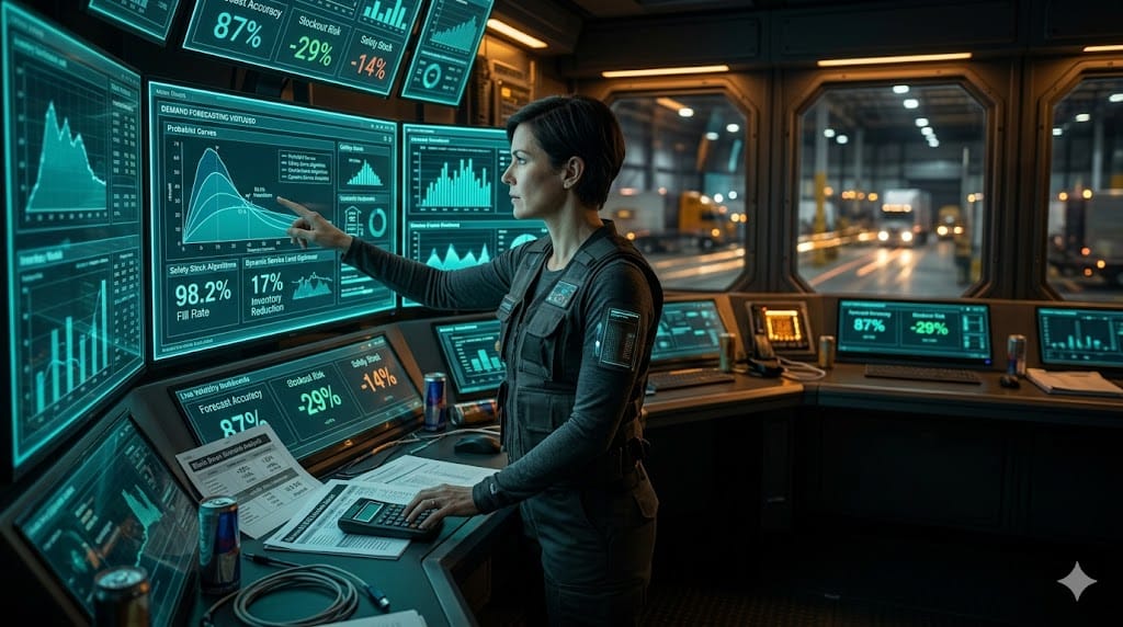retail inventory strategist mastering demand volatility through AI-driven optimization, balancing safety stock against service levels in dynamic control center.