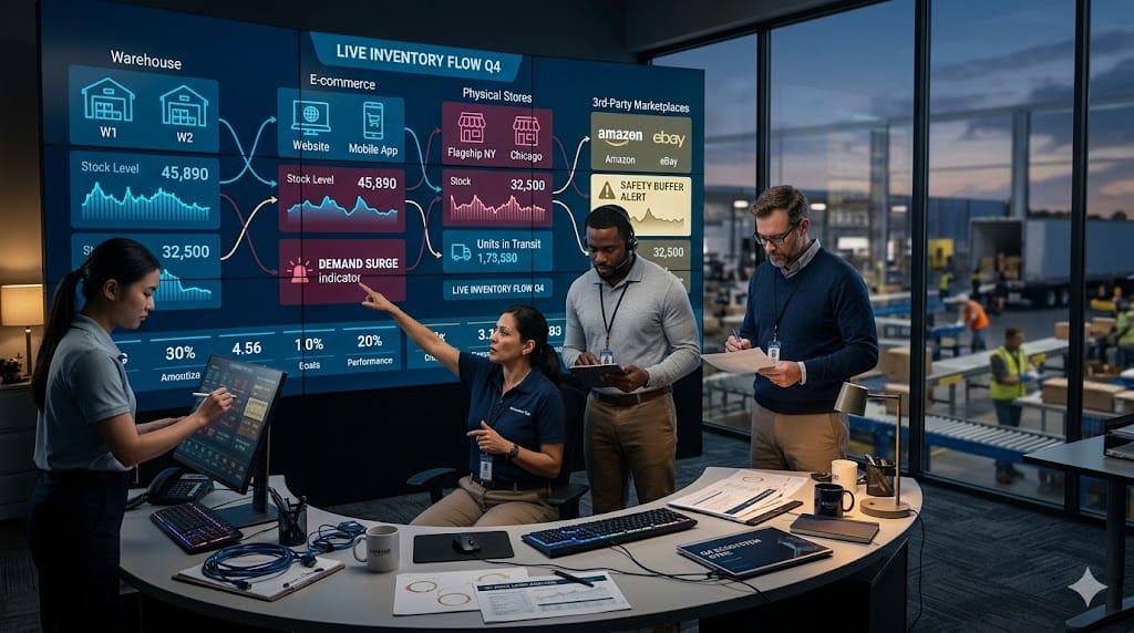 retail operations leaders synchronizing inventory across online, store, and marketplace ecosystems using integrated real-time dashboards.