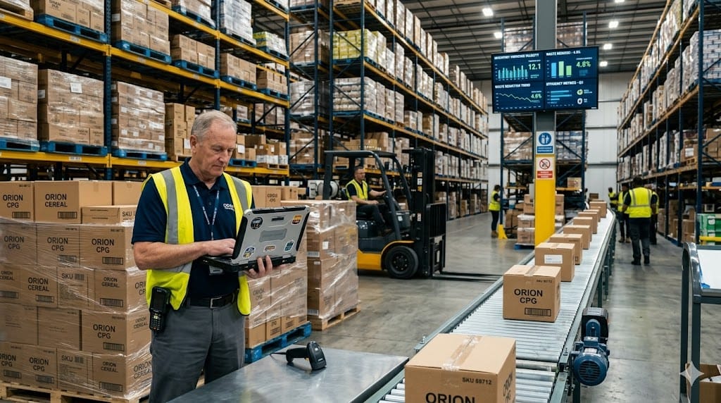 Warehouse manager optimizing inventory flow and reducing waste using digital tracking system in modern distribution center